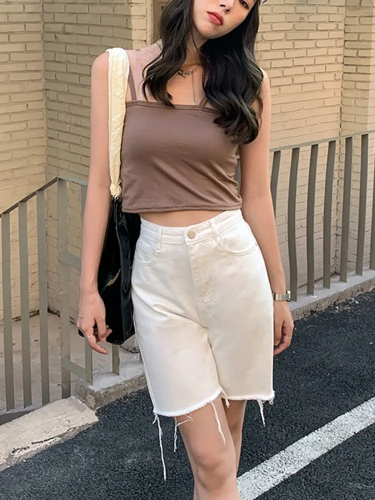 

GUUZYUVIZ Summer New Frayed Denim Shorts Women Korean Style High Waist Loose Shorts