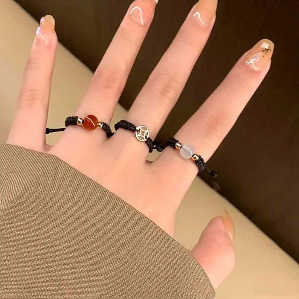 

White Jade Marrow Red Agate Copper Coin Weaving Ring Transfer Lucky Beaded Ring Chinese Style Couple Girlfriend Final Ring