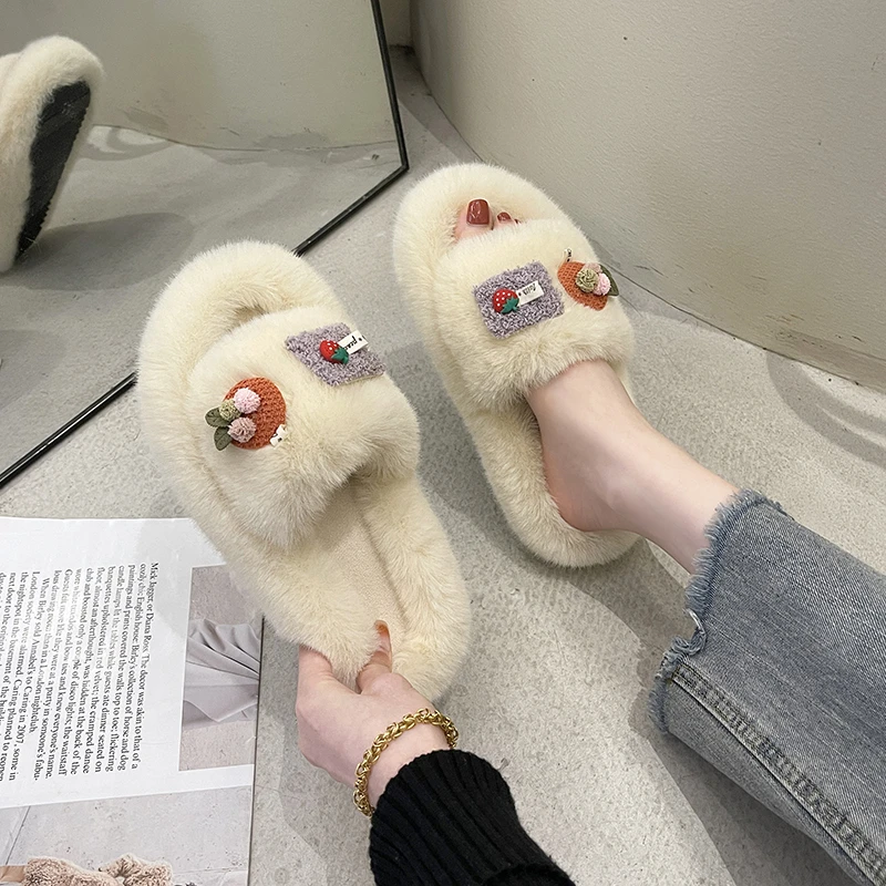 

2022 Slippers Women Fluffy Slippers Faux Fur Slides Women Platform Flip Flops Indoor Slippers Luxury Flat Shoes Zapatos De Mujer