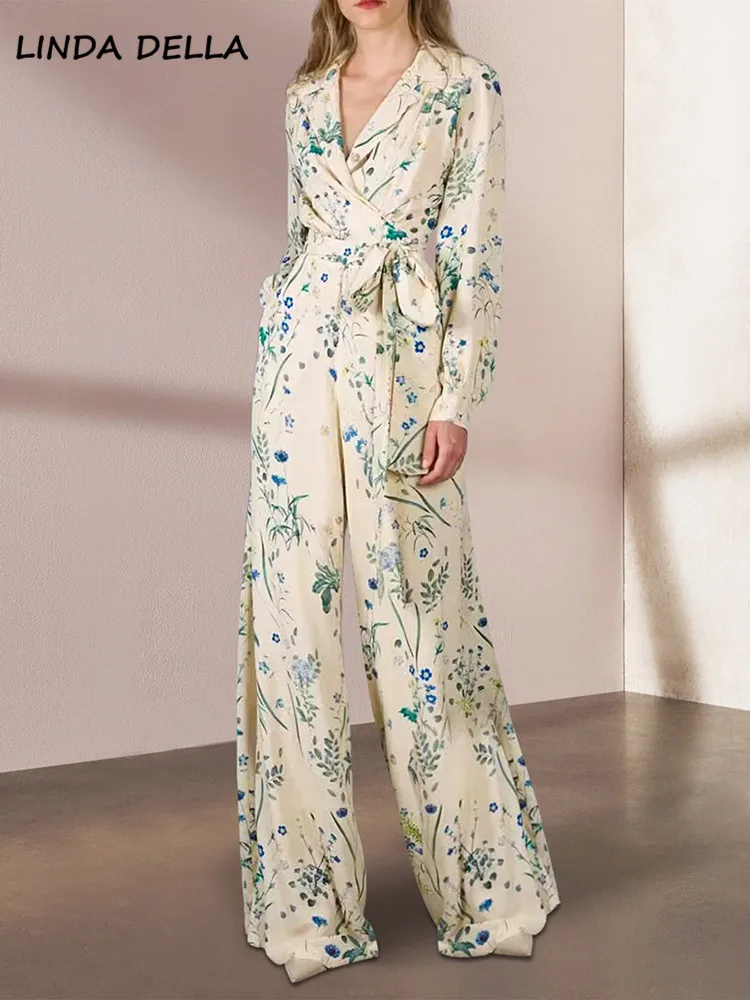 

Женский комбинезон с бантом LINDA DELLA, подиумный винтажный комбинезон с отложным воротником и принтом, узкие комбинезоны с широкими штанинами ...