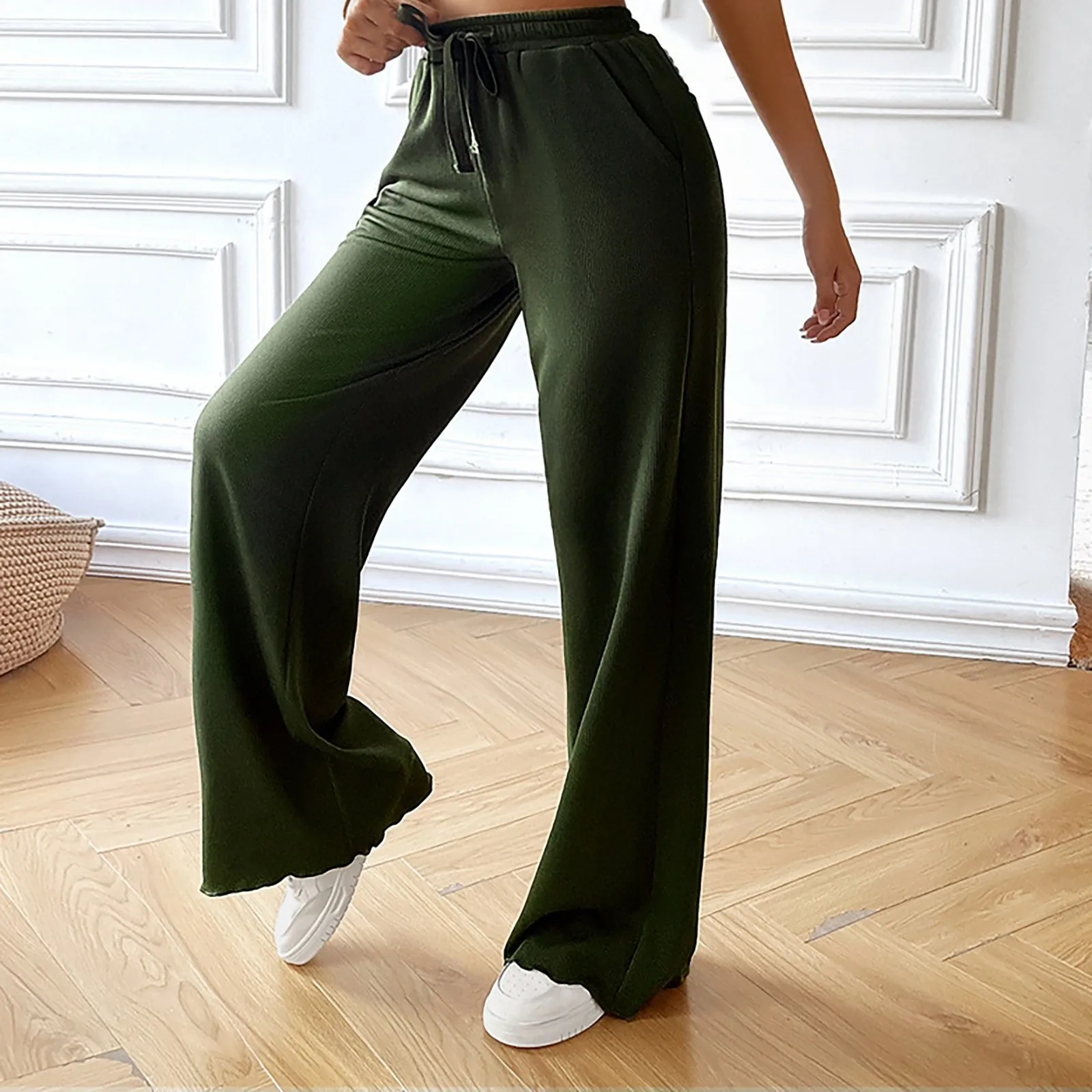 

Women'S Loose Fitting Trouser Casual Solid Color Wide Leg Daily Straight Leg With Lace Up Wave Hems Workout Elastic Waist Pants
