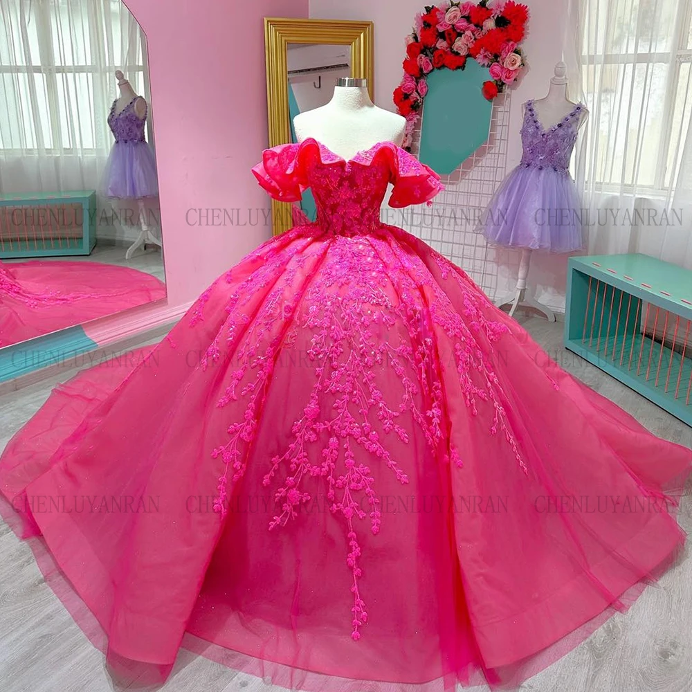 

Hot Pink Elegant Quinceanera Dresses 2023 Princess Bow Ball Gown V-Neck Tulle Sweet 16 Dress Applique Gorgeous Long Prom Dress