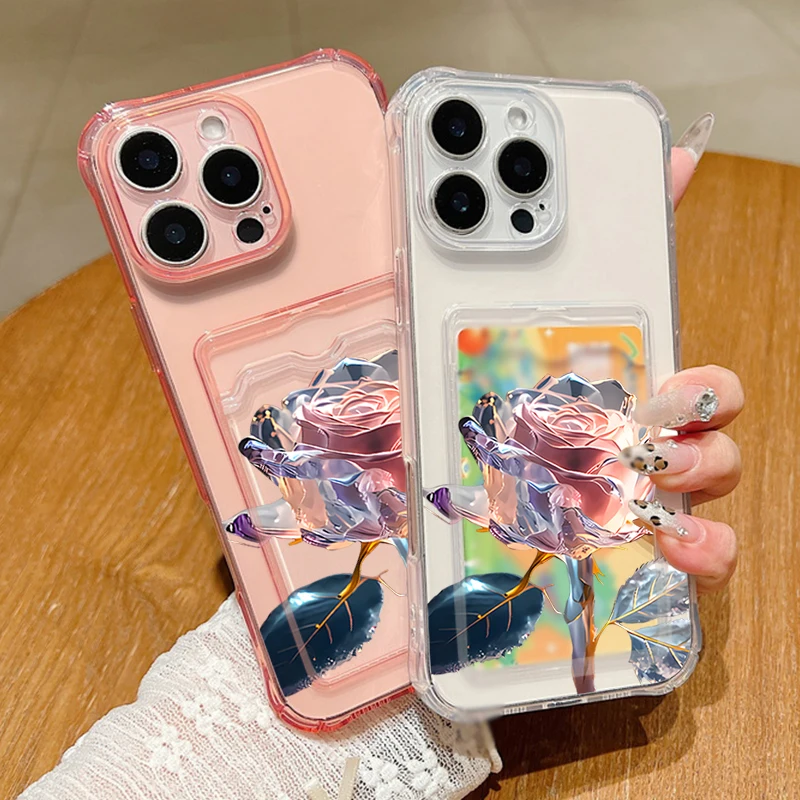 Прозрачный силиконовый чехол из ТПУ с рисунком розы и слотом для карт iPhone 16 15 14 13 12