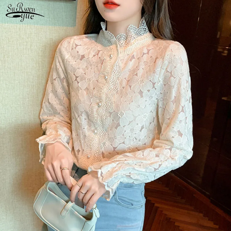 

Vintage Elegant Lace Floral Chiffon Blouse Autumn 2022 Stand Collar Hollow Sweet Shirt Long Sleeve Tops Blusas Mujer Women 23070