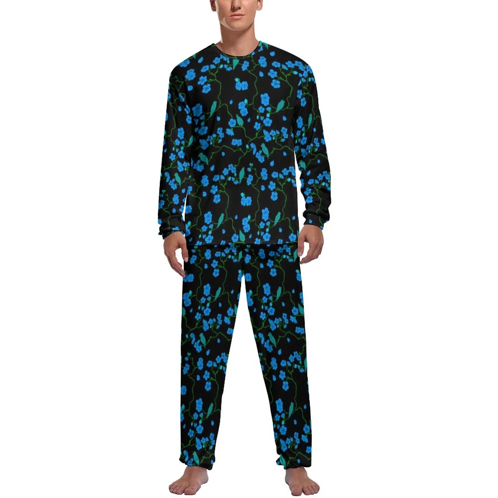 Cute Birds Pajamas Men Blue Flowers Print Kawaii Nightwear Daily Long Sleeve 2 Piece Bedroom Graphic Pajama Sets