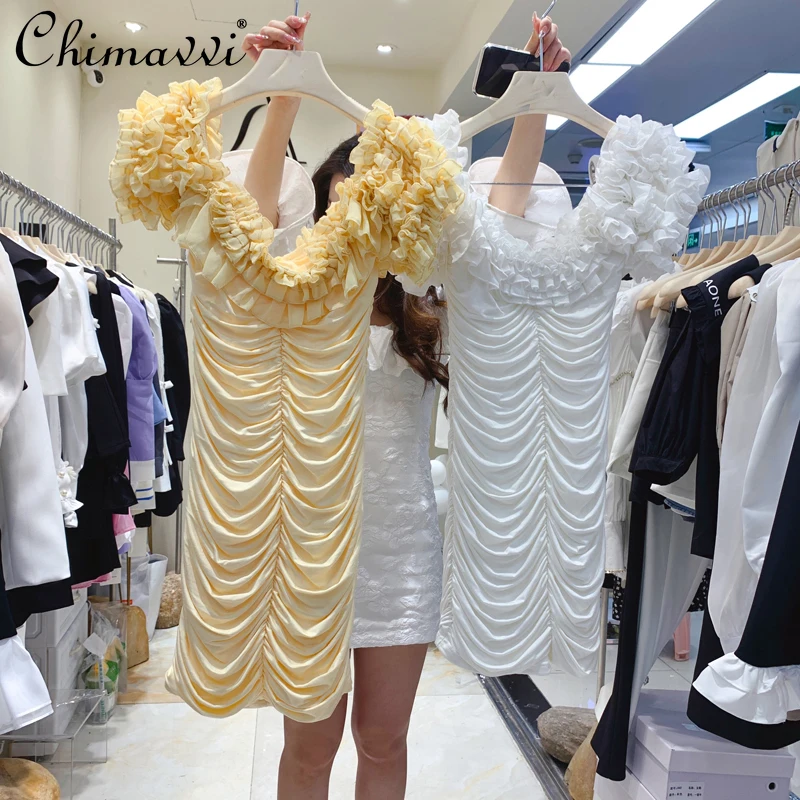

2022 Summer New Fashion Retro Wooden Ear Decoration Off-Shoulder Dresses Ruffled Slim Temperament Sexy Bag Arm Dress for Women