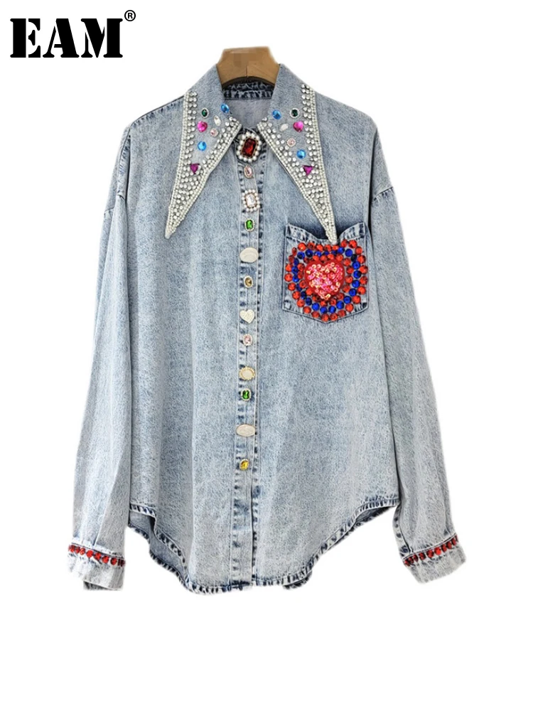 

[EAM] Women Rhinestones Denim Big Size Blouse New Lapel Long Sleeve Loose Fit Shirt Fashion Tide Spring Autumn 2022 1DE9284