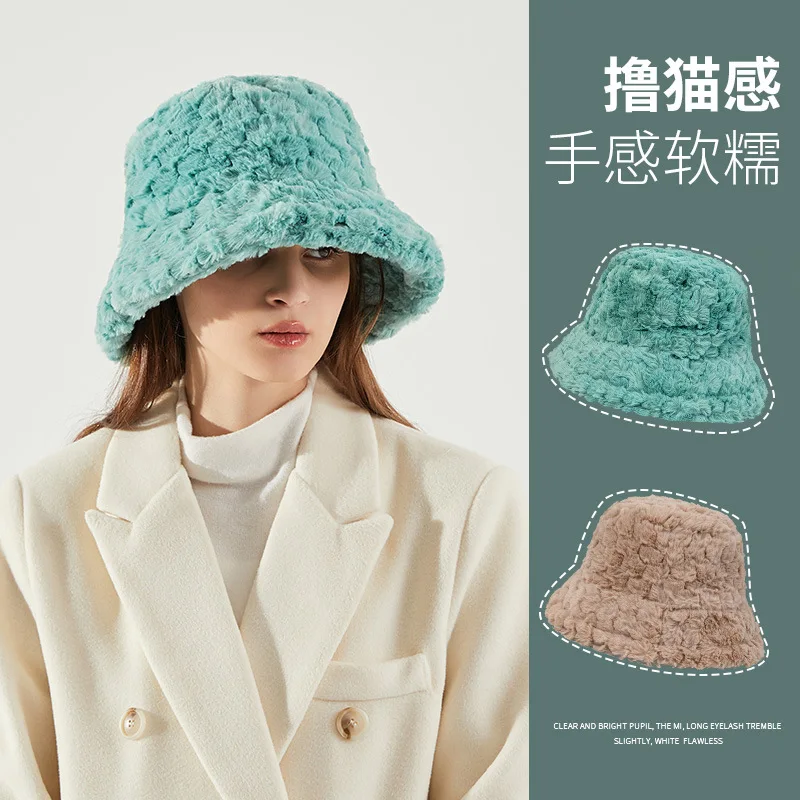 

Japanese Versatile Plaid Plush Bucket Hat Winter Women Soft Velvet Thickened Warm Temperament Dome Large Brim Panama Bob Cap