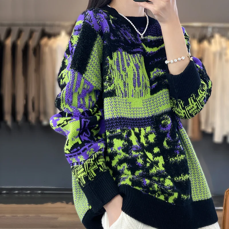 

Bright autumn and winter new jacquard thick cashmere knitted sweater female Korean version of loose fashion sweater