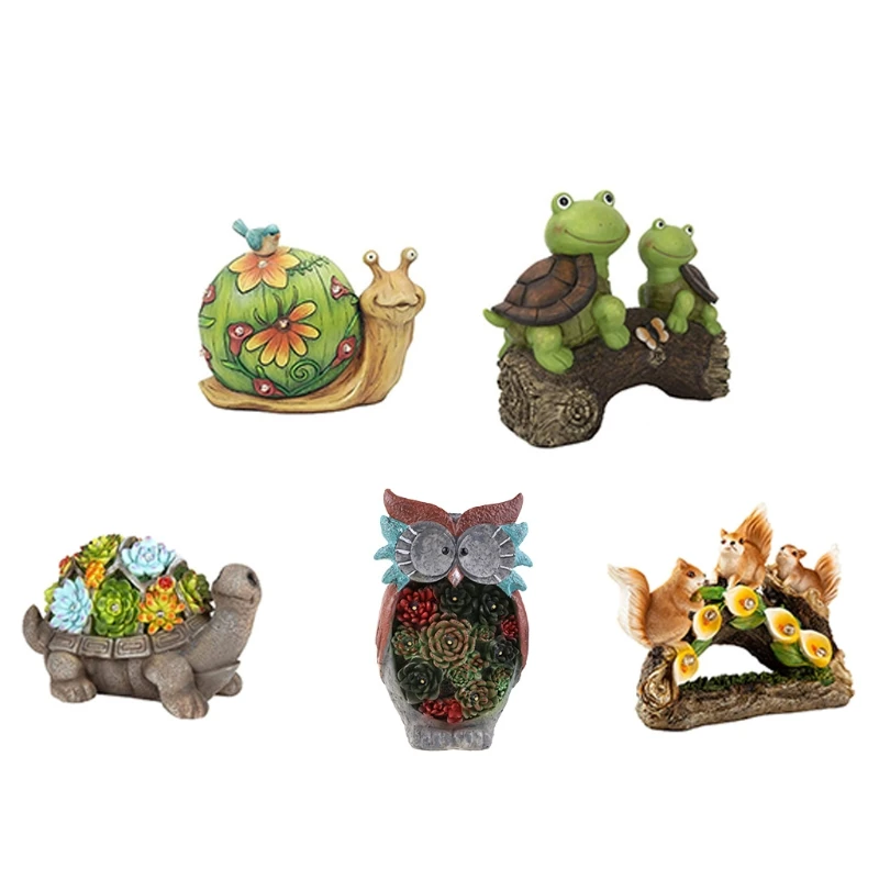 

67JE Garden Statue Tortoise Succulent Figurine Resin Crafts Solar Powered LED Light