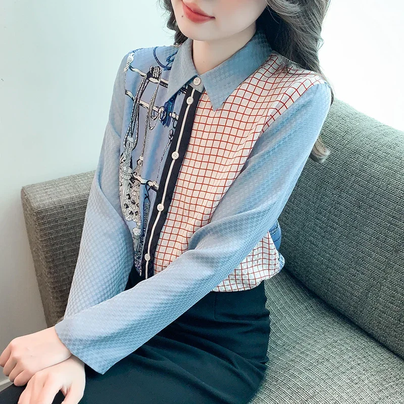 

Silk Casual Women's Shirts New FASHION Printed Blouses Loose Polo Neck Ladies Clothing Spring/Summer Long Sleeves Plaids Tops