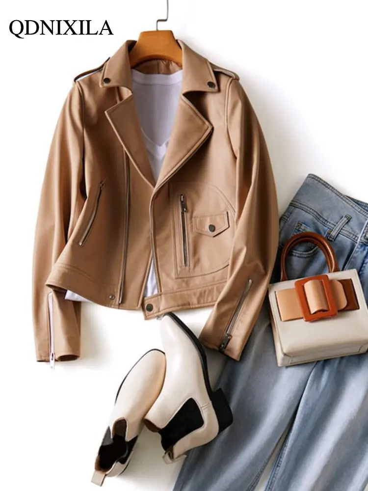 Leather Jacket Women Spring 2023 New Outerwear Fashion Women's Motorcycle Leather Jacket Short Asymmetric Zip Leather Jackets