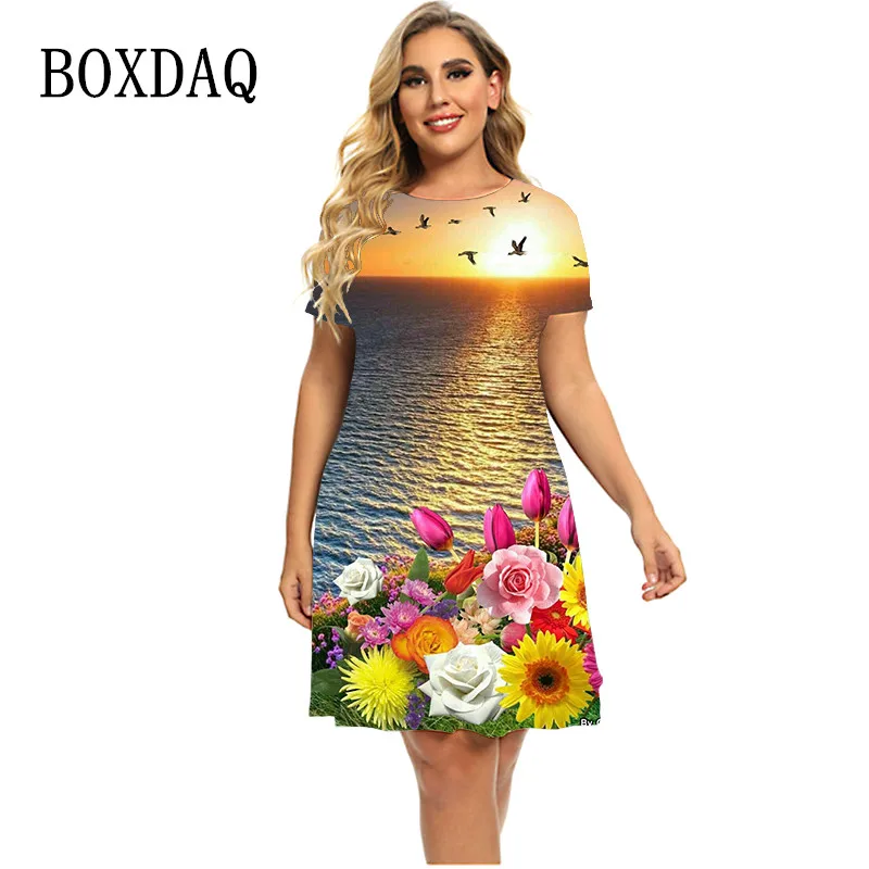 

Natural Scenery Plant Flowers Print Women Dresses Summer Casual Short Sleeve O-Neck Loose Dress Plus Size Clothing 6XL Sundress