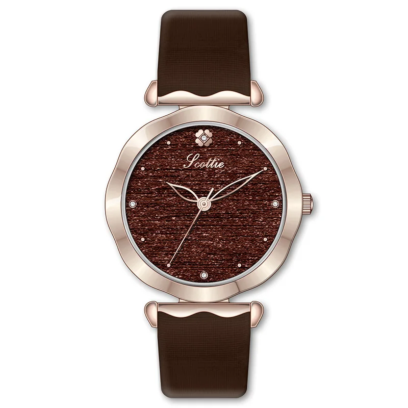 

Scottie Women Watches Leather Fashion Round Flower Case Zegarek Damski Luxury Ladies Bracelet WristWatch Best Gift For Girl