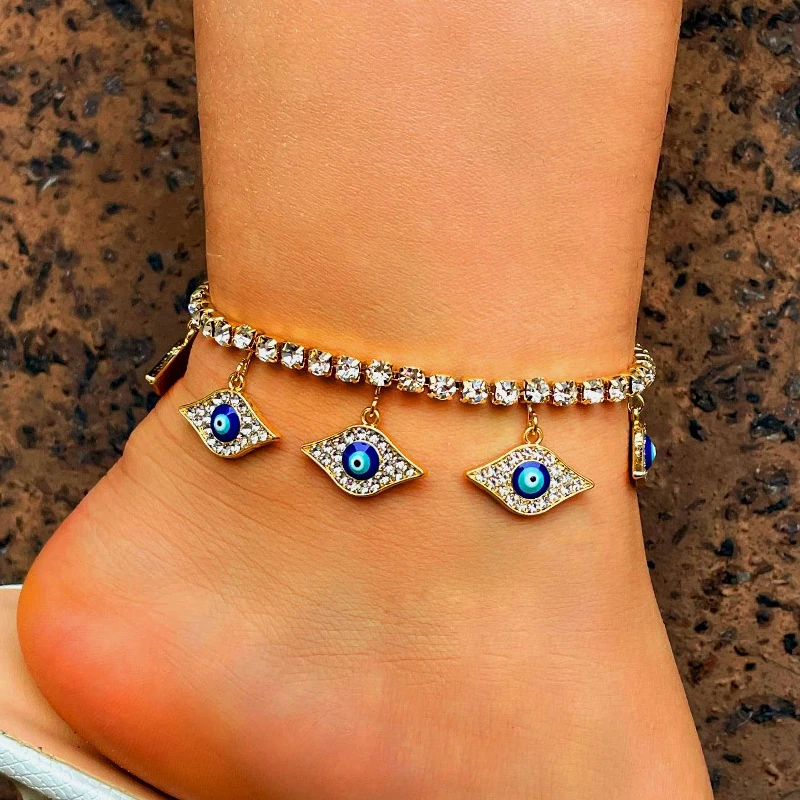 

Flatfoosie Fashion Blue Evil Eye Crystal Anklets Bracelet for Women Bling Rhinestone Chain Anklet Beach Barefoot Sandals Jewelry