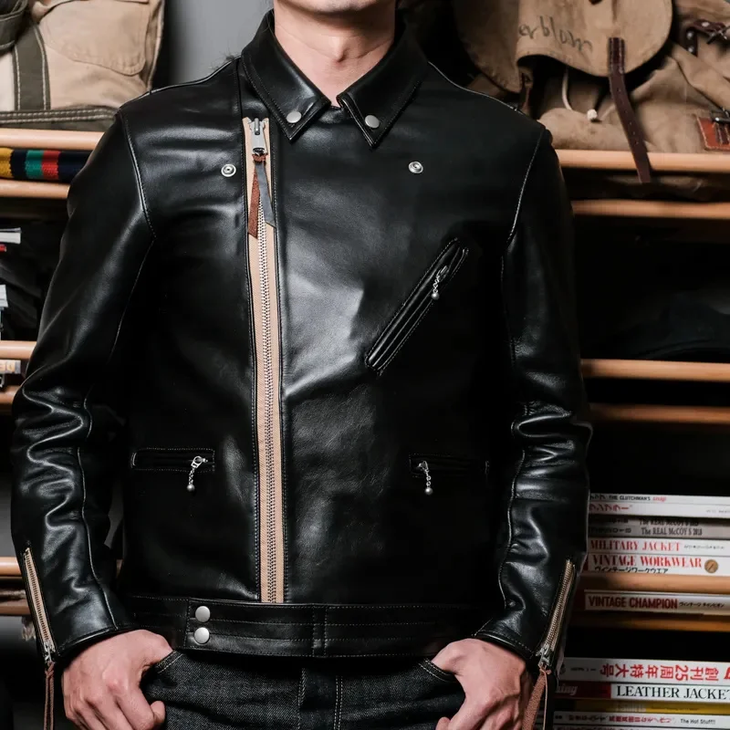 

YR!Free shipping.SS02 classic British rider clothes 441 style heavy tea core Calfskin jacket.Luxury quality leather