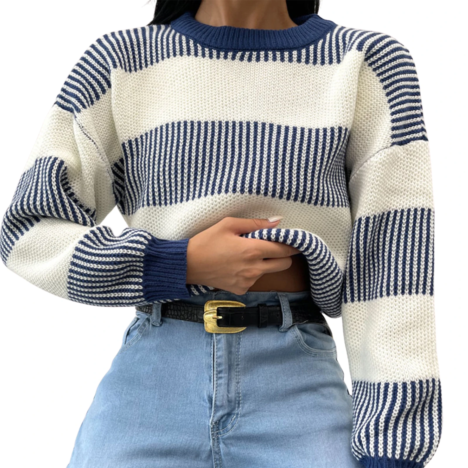 

Women Contrast Color Knitted Sweater Round Neck Long Sleeve Pullover Autumn Winter Casual Fashion Tops