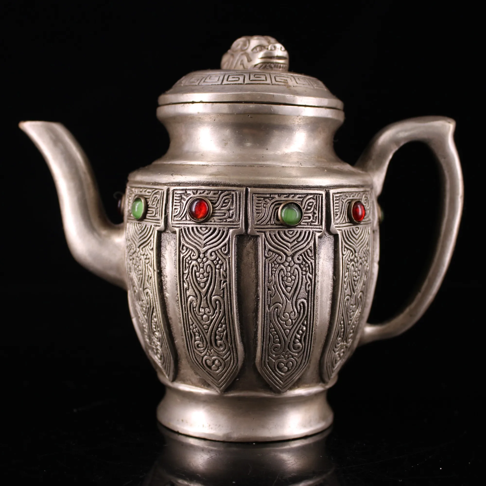 

6" Tibetan Temple Collection old Bronze Gilt silver mosaic gem brave troops kettle animal pattern flagon teapot Town house