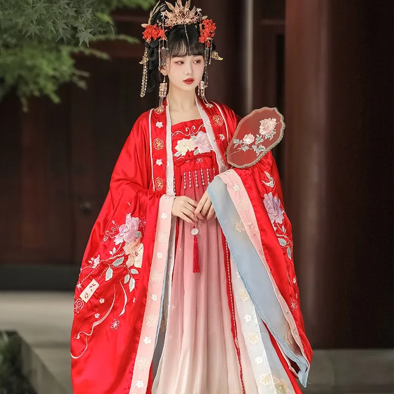 Hanfu женская красная рубашка с большими рукавами и вышивкой Чеховская юбка в