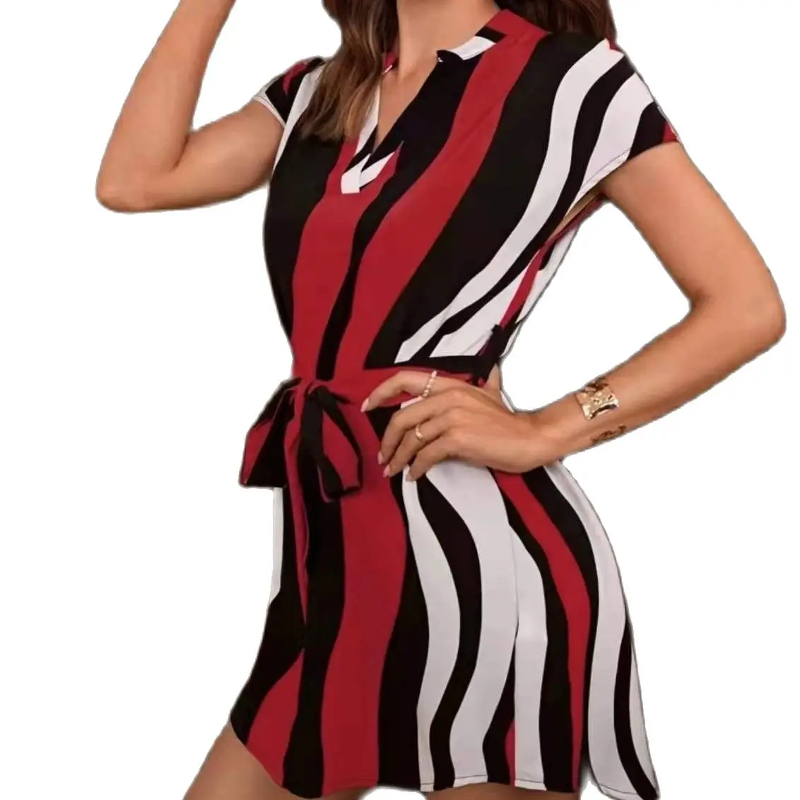 

2022 A Dress spring and summer Lady gown red stripe new short sleeve Euro and American women's dress French fresh strap V-neck