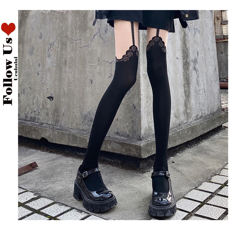

Rose Tights Women Harajuku Fake Patchwork Lace Sheer Pantyhose Black Shaper Full Body Stockings Nylon Sexy Knee Thigh High Socks