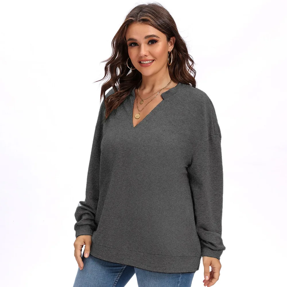 HAOOHU hot selling solid colour V-neck women's plus size t-shirt long sleeve sweater fashion knitted tops autumn and winter new