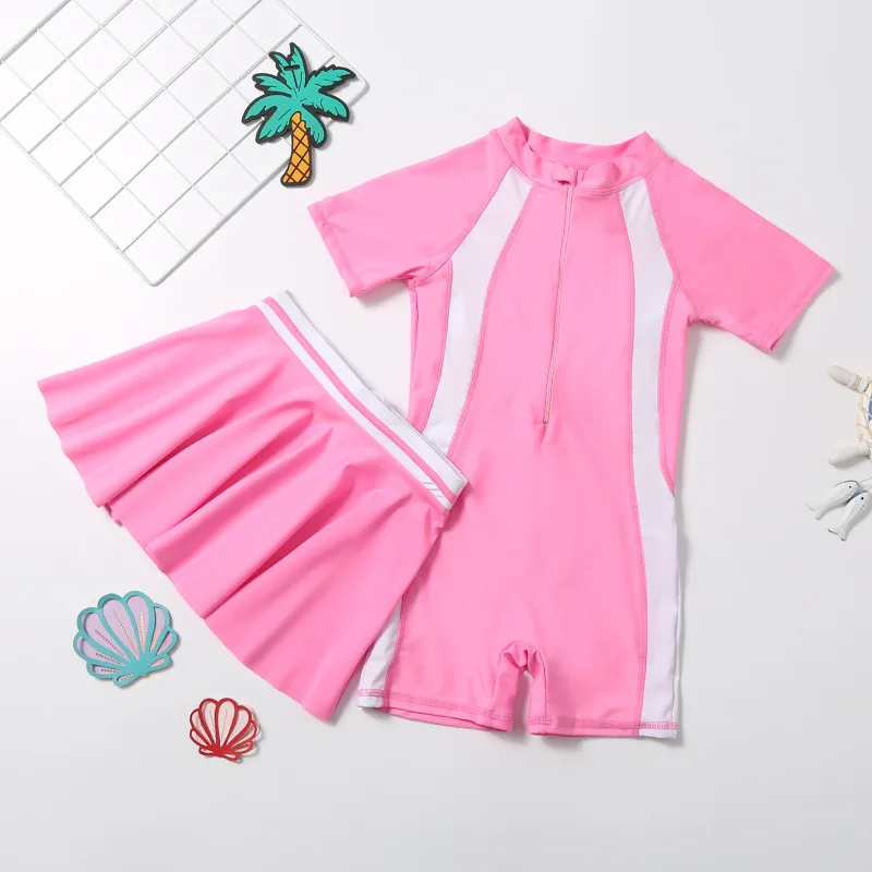 

Children's Swimsuit Girls' One-piece Short Sleeved Trousers Swimwear Cute Swim Suit With Skirt Middle Aged And Older Child
