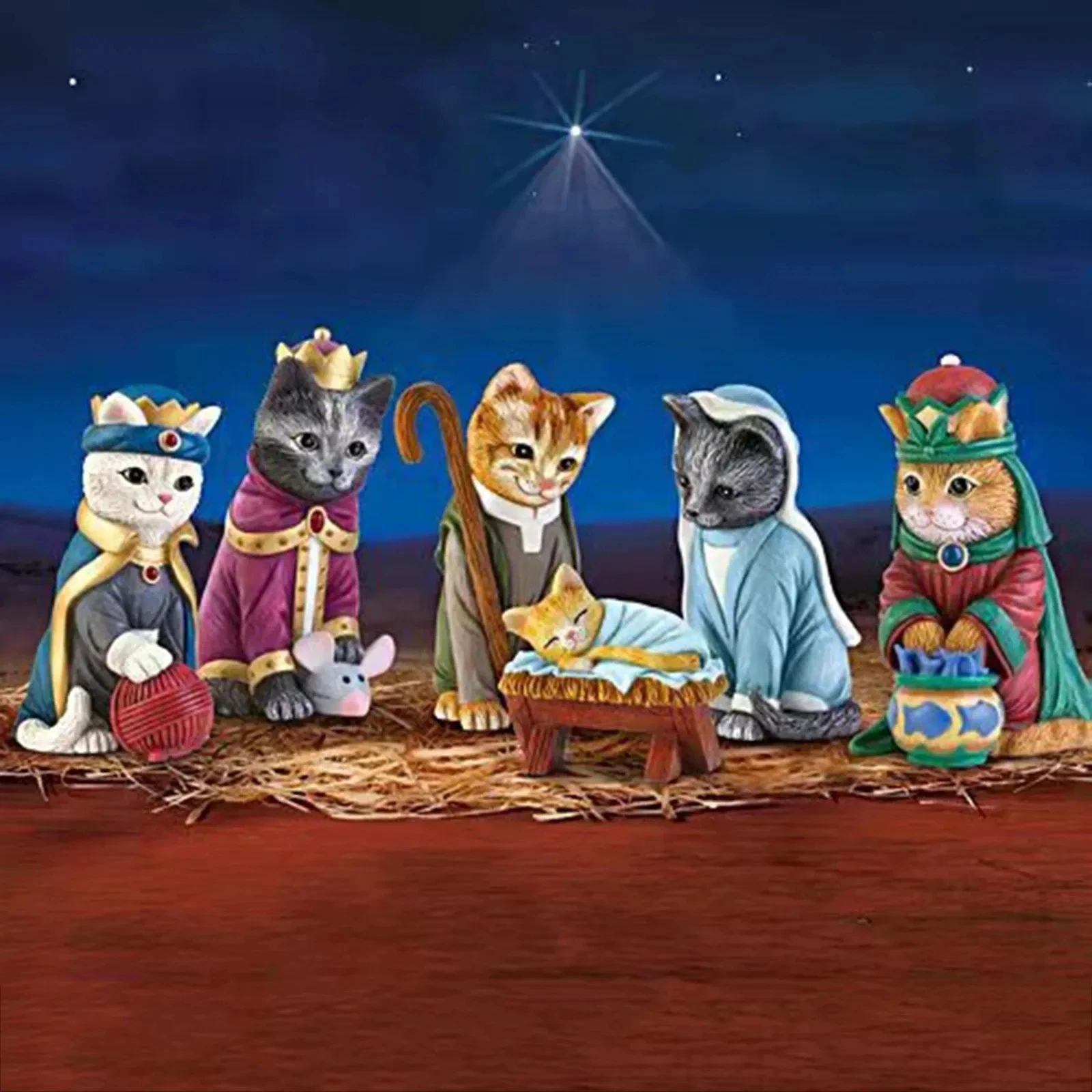 

6 Pcs/Set Cat Royal Family Resin Crafts Ornaments Christmas Nativity Figurines Miniatures Christian Holiday Creative Decorate