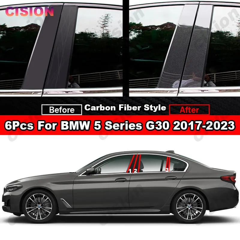 Glossy Black Mirror Effect Window Door Column B C Pillars Post Cover Trim For BMW 5 Series G30 2017-2023 Carbon Fiber PC Sticker images - 6