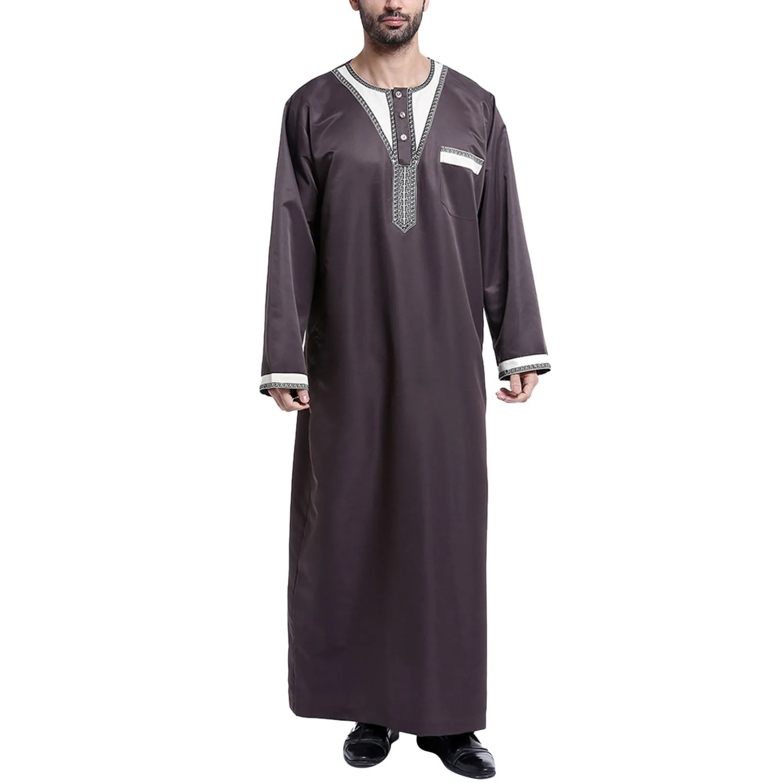 Men's Casual Muslim Arab Middle Solid Color Collar Long Sleeved Robe Lapel Overshirt