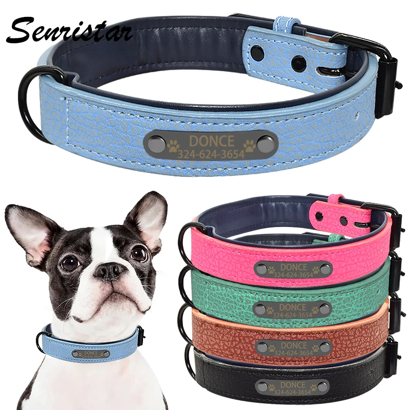 Personalized Nameplate Dog Collar Custom Engraved ID Name Tag  Double Pu Leather Pet Dog Collars for Small Medium Large Dogs