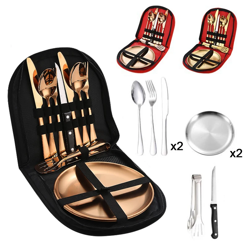 

10 PCS Stainless Steel Tableware Outdoor Camping Food Steak Knife Fork And Spoon Disk Set Portable Cloth Bag Set Cutlery Di