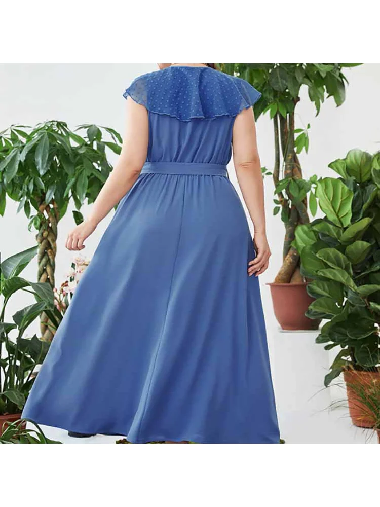 Plus-size maxi skirt tummy cover V-neck elasticated waist print dress panels plus size women clothing