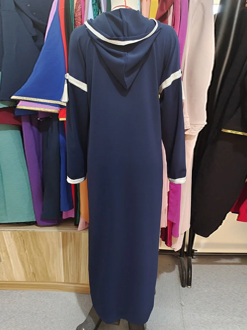Tassel Hooded Abaya Long Dress Women Gandoura Muslim Hijab Robe Islam Dubai Moroccan Kaftan Navy Blue Abayas 2022 Djellaba