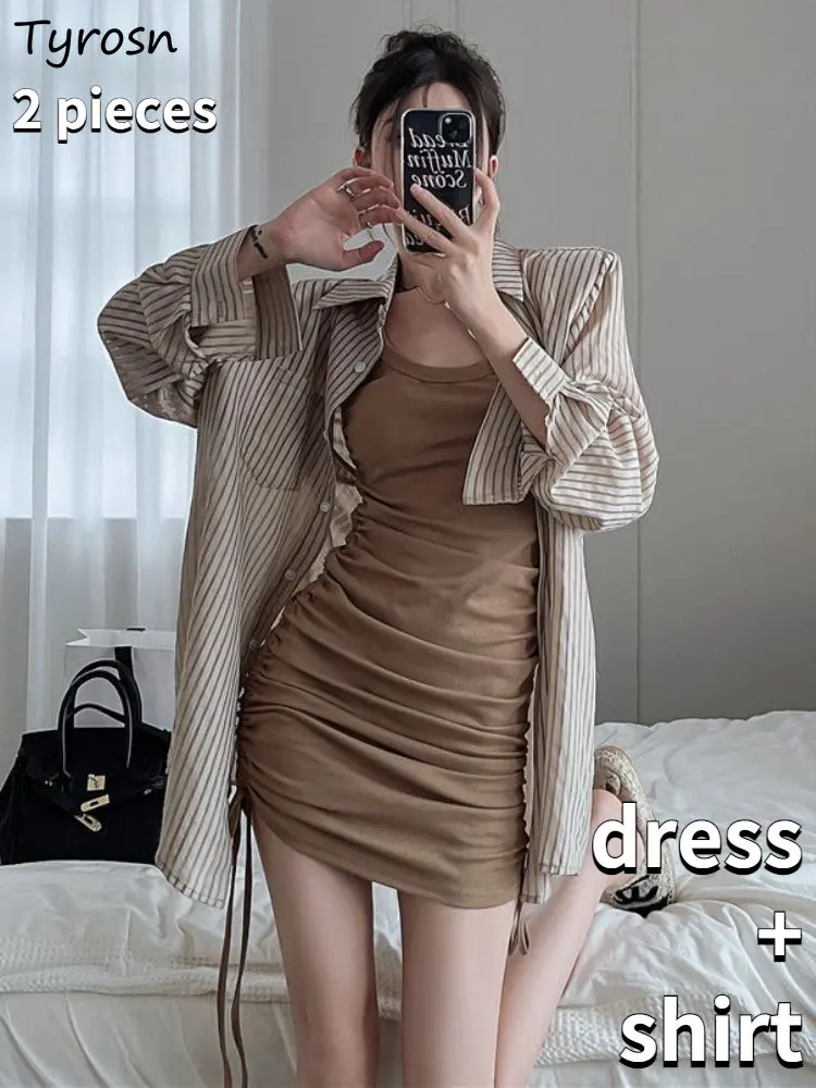 

Dresses Sets Women Skinny Sexy Bandage Design Retro Striped Shirts Sun-proof Leisure Korean Style Hot Girls Folds Spring Fashion