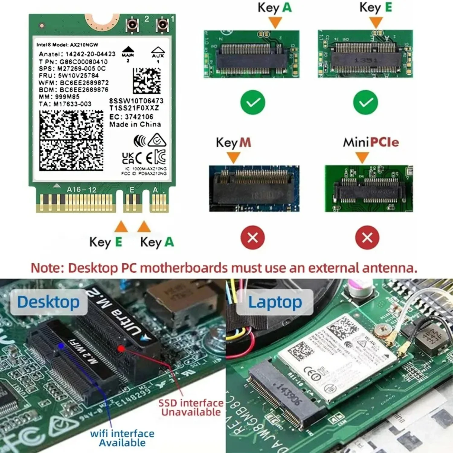 Беспроводной адаптер Wi-Fi 6E AX210 M.2 2 4 ГБ/5 ГГц/6 ГГц Bluetooth 5 3 6 AX210NGW NGFFF 10DBI