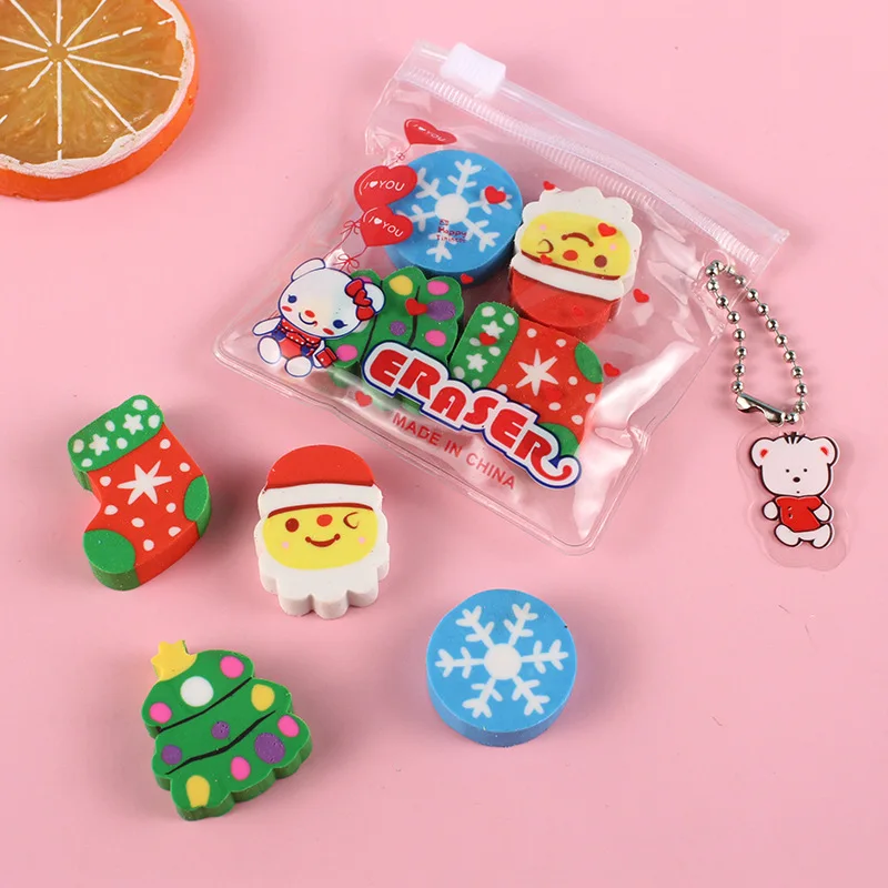 

4pcs/bag Creative Chrismats Mini Erasers Kawaii Xmas Rubber Pencil Erasers for Kids Praise Gift Correction Tool Office Supplies