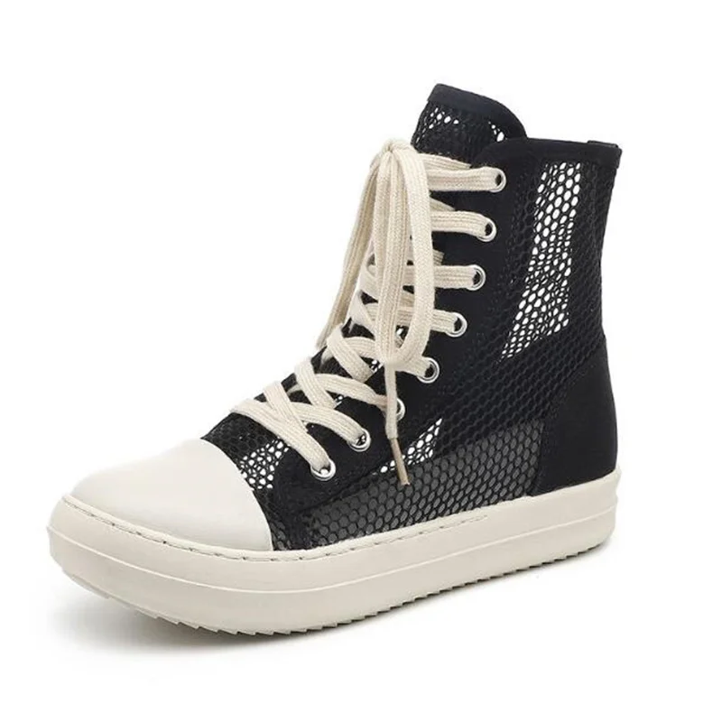 

Summer New Hollow Breathable Mesh Boots Women's Thick Bottom Heightened Student Shoes Ins Retro Casual High-Top Canvas Sneakers