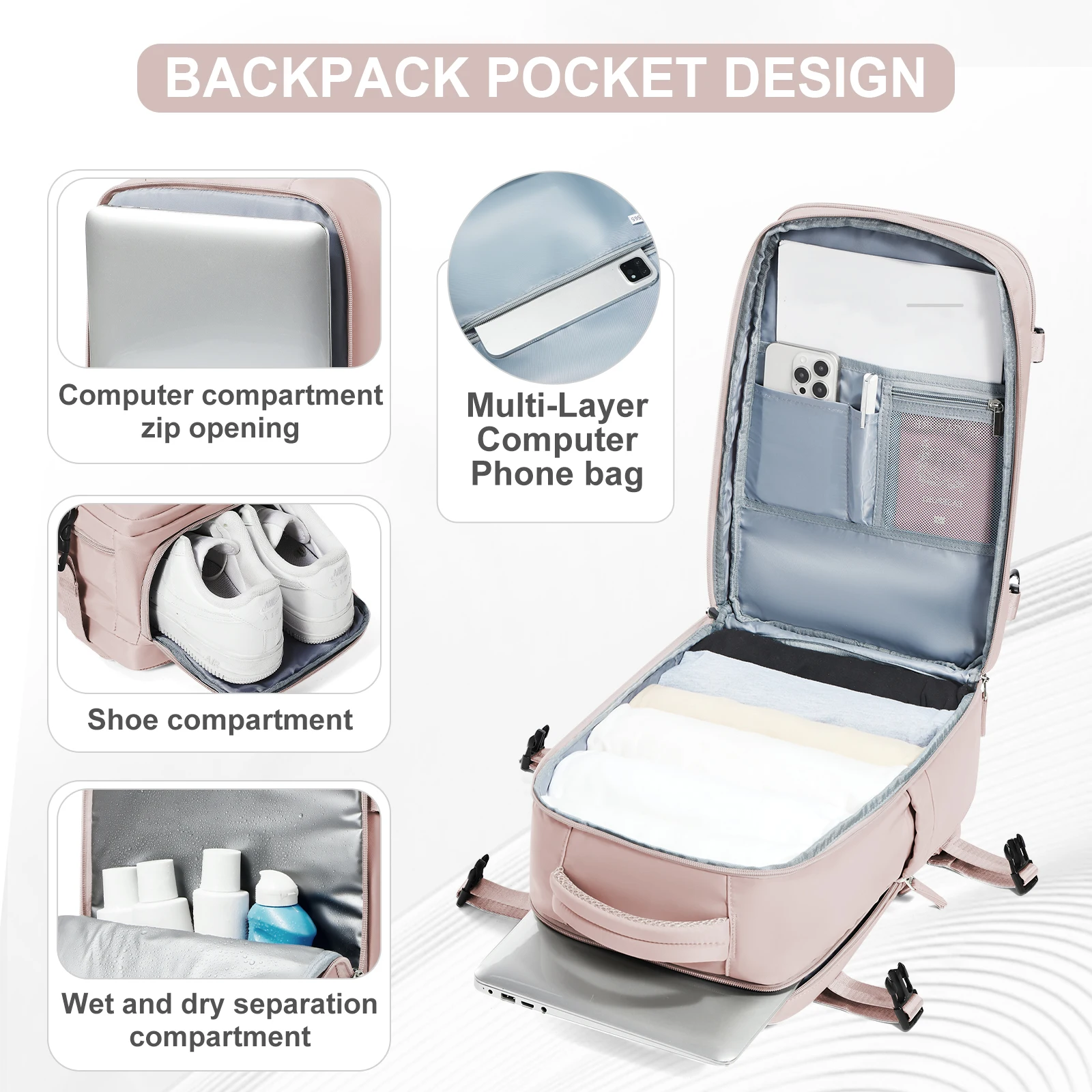 Дорожный рюкзак унисекс с одобрением кабины Большой дорожный для ноутбука Fewchor