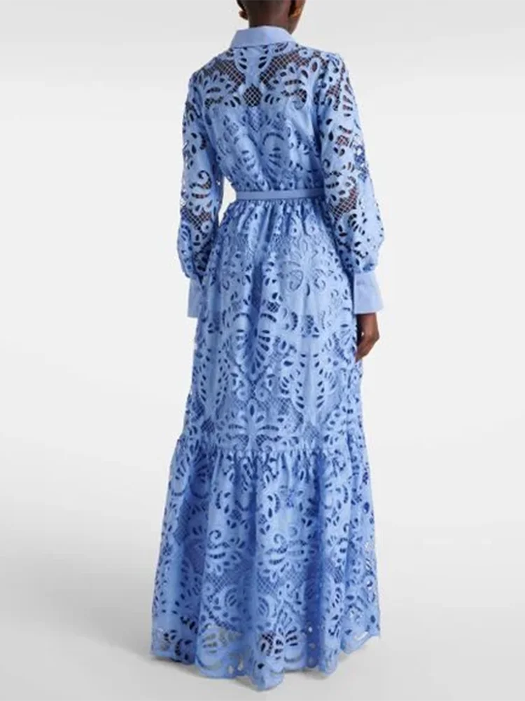 Женское ажурное платье с поясом VGH элегантное лоскутное отложным воротником и