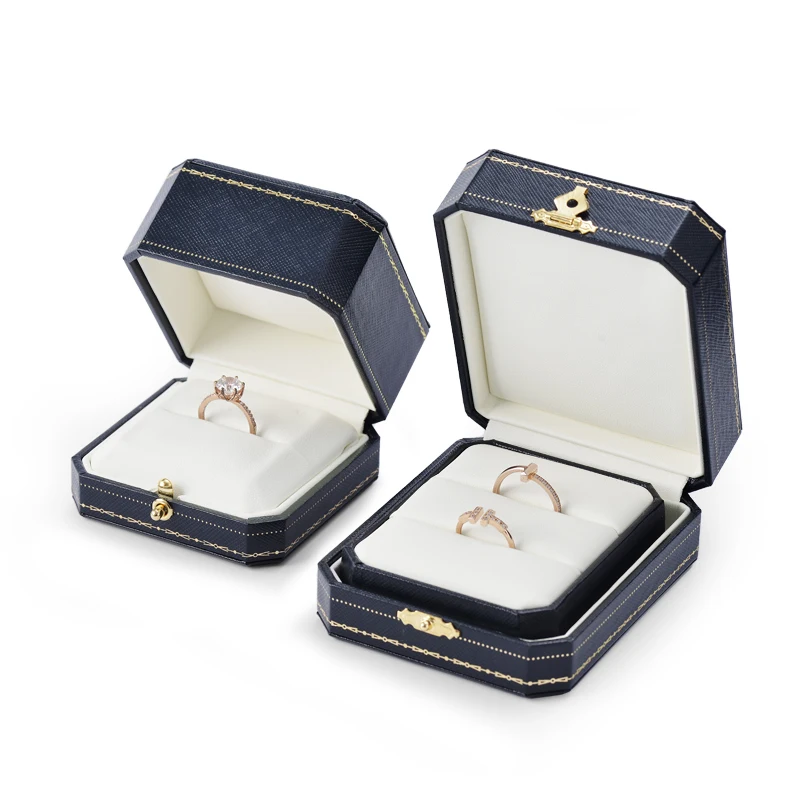 Oirlv Vintage Jewelry Box PU Leather Octagonal Snap Closure Vintage Jewelry Boxes Original Design Royal Blue 2 Rings Box Jewelry