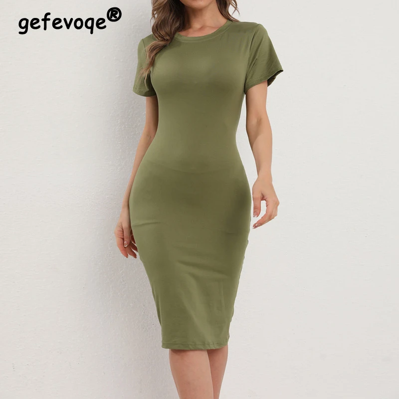 

Summer Casual Sexy Slit Elegant Bodycon Simple Basic Dresses for Women Fashion O Neck Short Sleeve Party Club Midi Dress Vestido