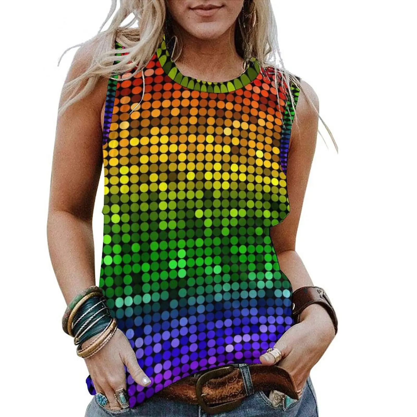 

Майка женская с радужными блестками, простой топ без рукавов с текстурным принтом, крутая Базовая рубашка с узором для ночного клуба, подаро...