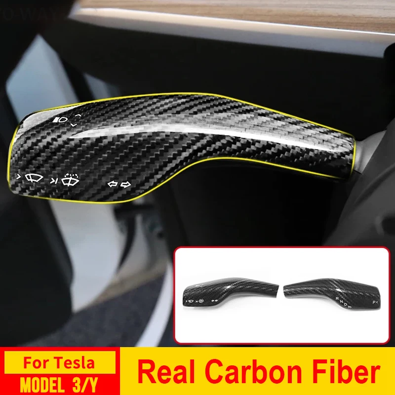 Real Carbon Fiber Shift Paddle Cover For Tesla Model 3 Y 2023 2022 Gear Lever Case Wiper Handle Column Protector Car Accessories