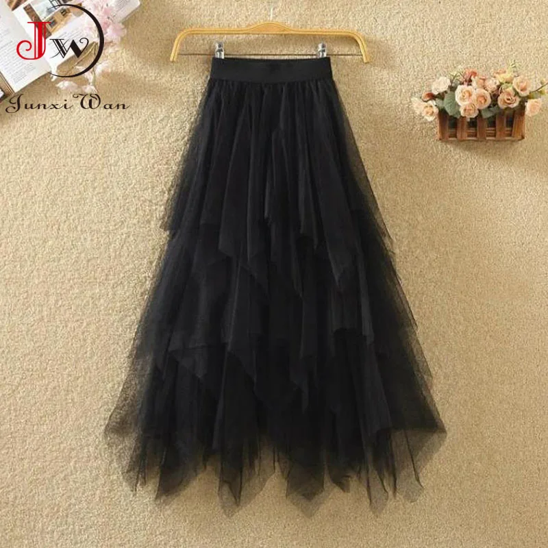 Mesh Irregular Half Skirt Women's Sweet Midi High Waist Solid Elegant and Unique Mesh Tulle Skirt Fairy Skirt Long Yarn Skirt