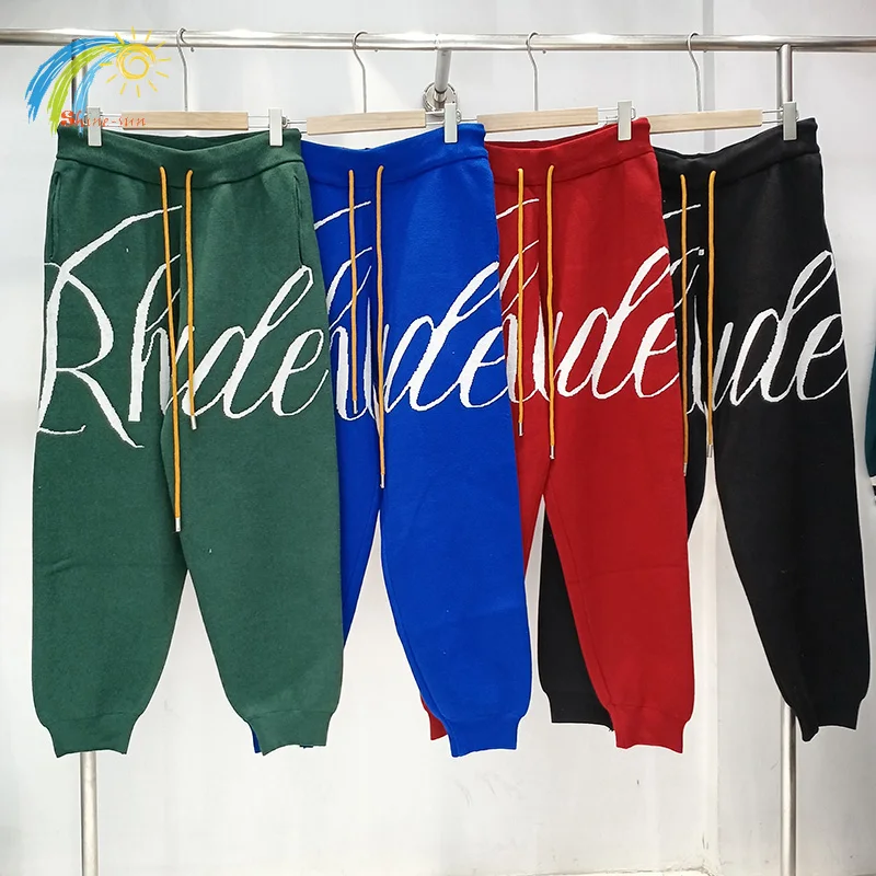 

Green Black Blue Red Vintage Rhude Knitted Sweatpants Men Women High Quality Big Logo Jacquard Rhude Casual Pants Drawstring