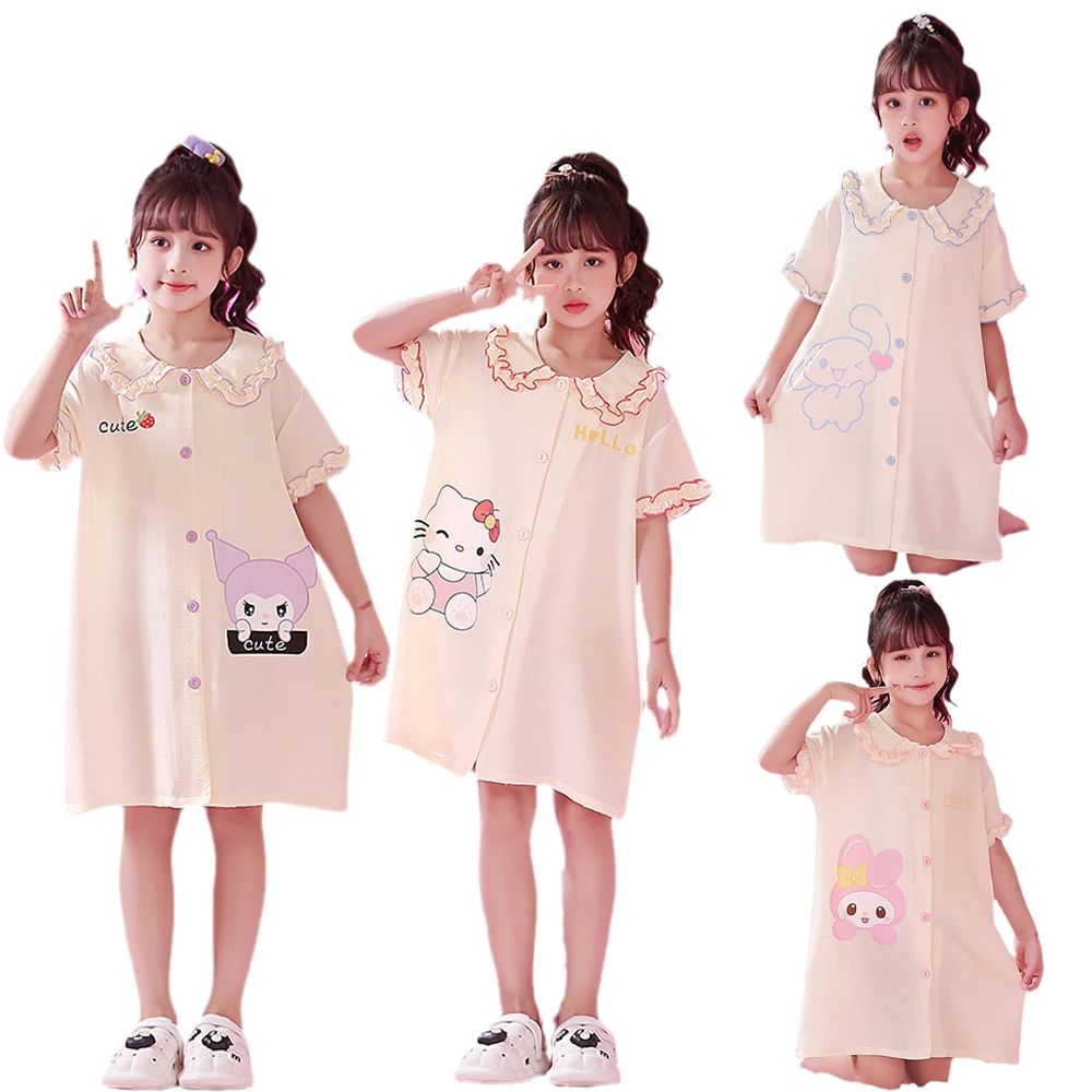

Sanrios Kuromi My Melody Cinnamoroll Hellokittys Girl Pajama Skirt Summer Short Sleeve Pure Cotton Leisure Wear Princess Dress