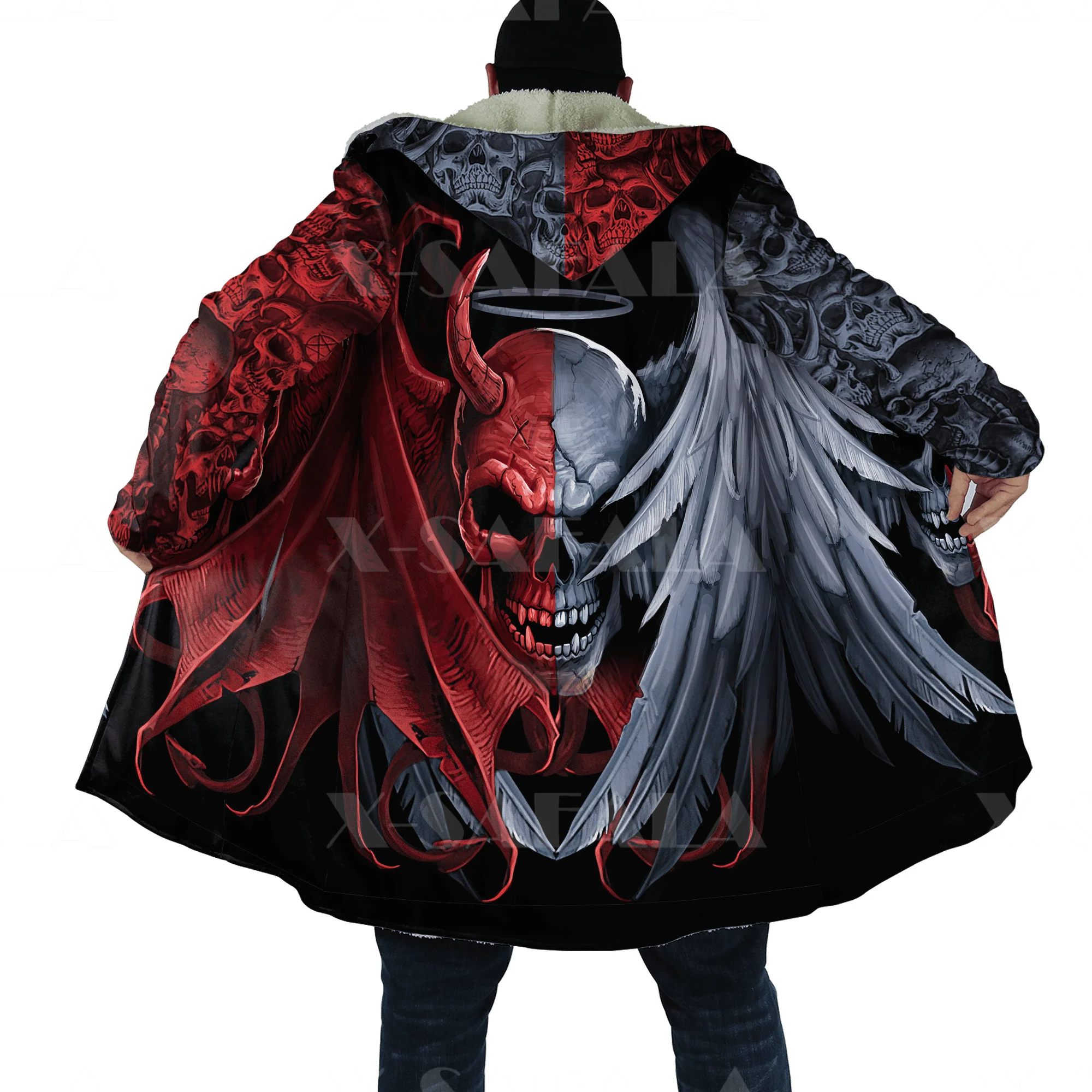 

Thick Warm Hooded Cloak for Men Blood Skull Demon Angel Wings Overcoat Coat 3D Print Windproof Fleece Cape Robe Hooded Blanket-2