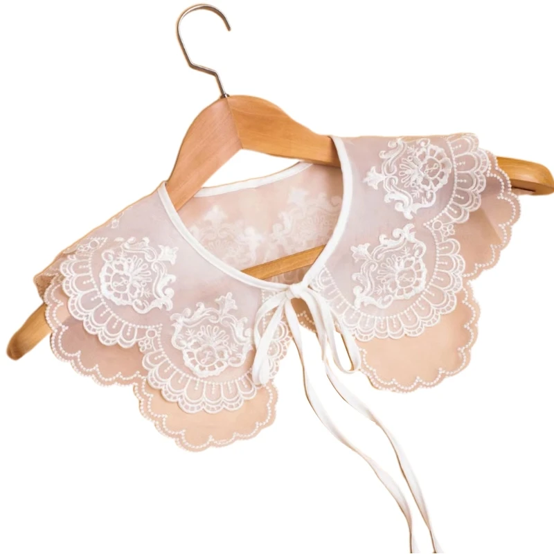 

Women Double Layer Organza Detachable Collar Shawl Retro Embroidery Floral Princess Scarf Lace-Up Dickey Half Cape Drop Shipping