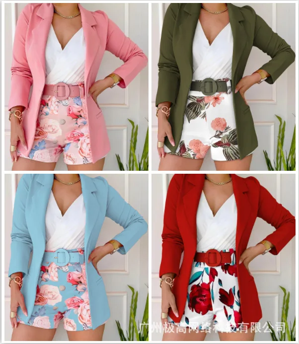 

Casual Shorts Set 2023 New Fashion Women's Solid Color Long-sleeved Jacket + Printed Shorts Temperament Commuter 2 Sets